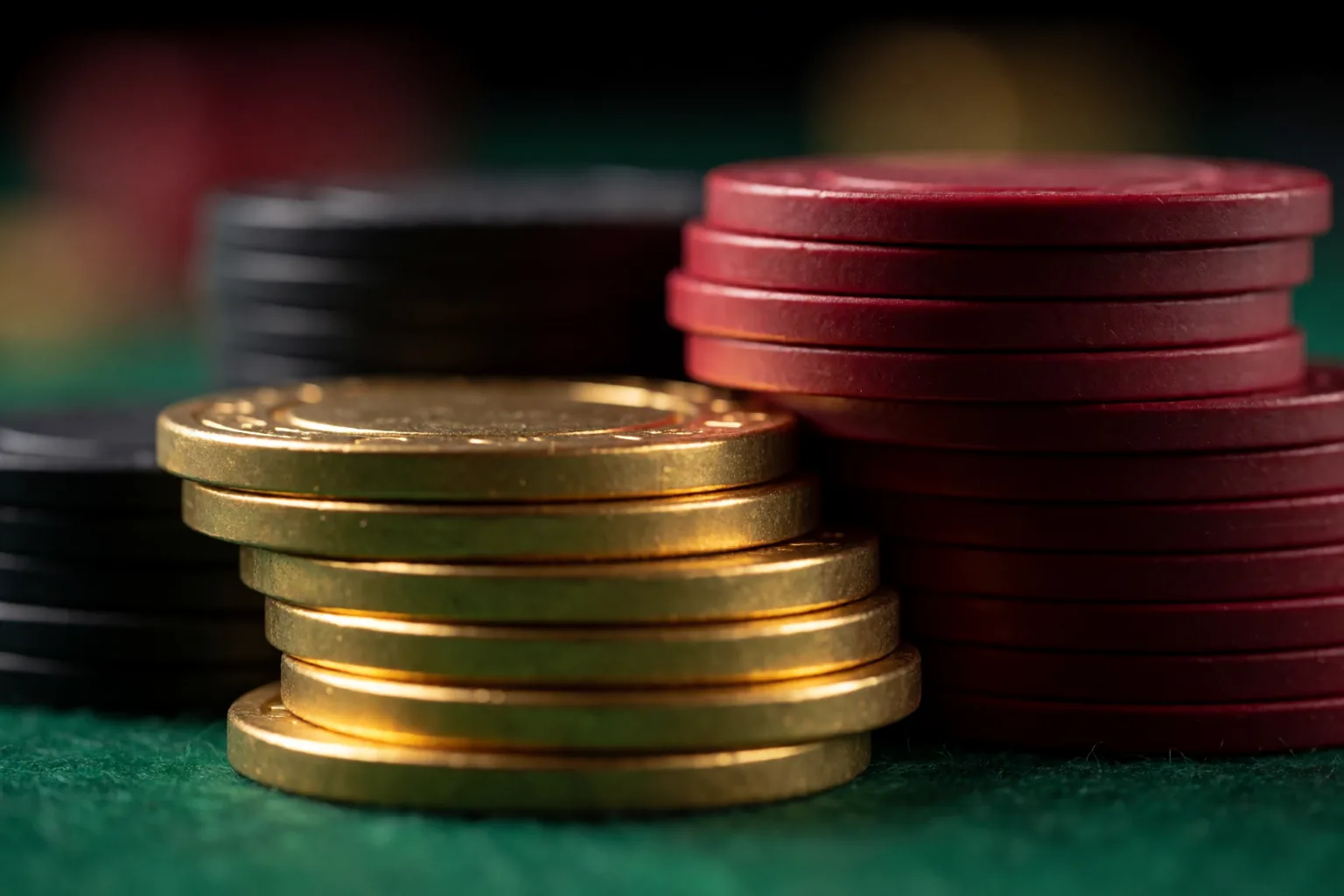 金色、黑色與紅色的籌碼堆疊特寫