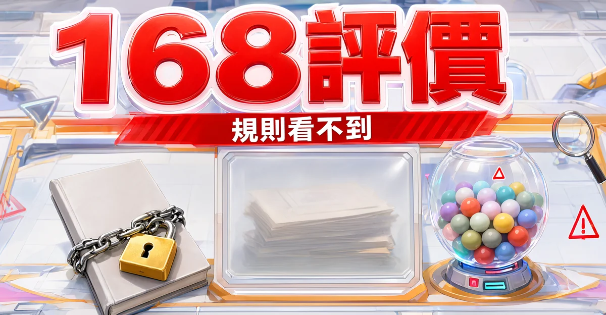 168娛樂城評價封面：被鐵鍊和大鎖鎖住的規則書、霧面玻璃後看不清的文件、彩球機和放大鏡，大字「168評價」與標語「規則看不到」