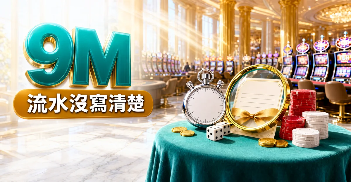 9M娛樂城評價封面：金色賭場大廳裡的綠絨布圓桌，桌上有碼錶、空白優惠券、放大鏡、籌碼與骰子，大字「9M」與標語「流水沒寫清楚」