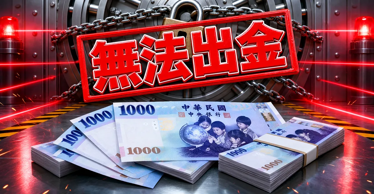 娛樂城不出金示意圖：被鐵鏈與大鎖封住的金庫門，前方散落新台幣千元鈔，紅色印章寫著無法出金