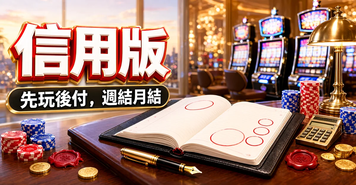 信用版娛樂城封面：賭場辦公室的木桌上攤著帳本，旁邊有鋼筆、計算機、籌碼與紅色封蠟，大字「信用版」與標語「先玩後付，週結月結」