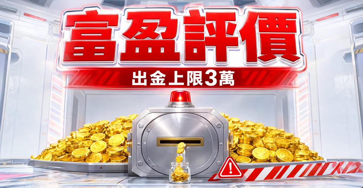 富盈娛樂城評價封面：金庫門只開一道窄縫，後面堆滿金幣、只有少量流進小玻璃罐，門上亮著紅色警示燈，大字「富盈評價」與標語「出金上限3萬」
