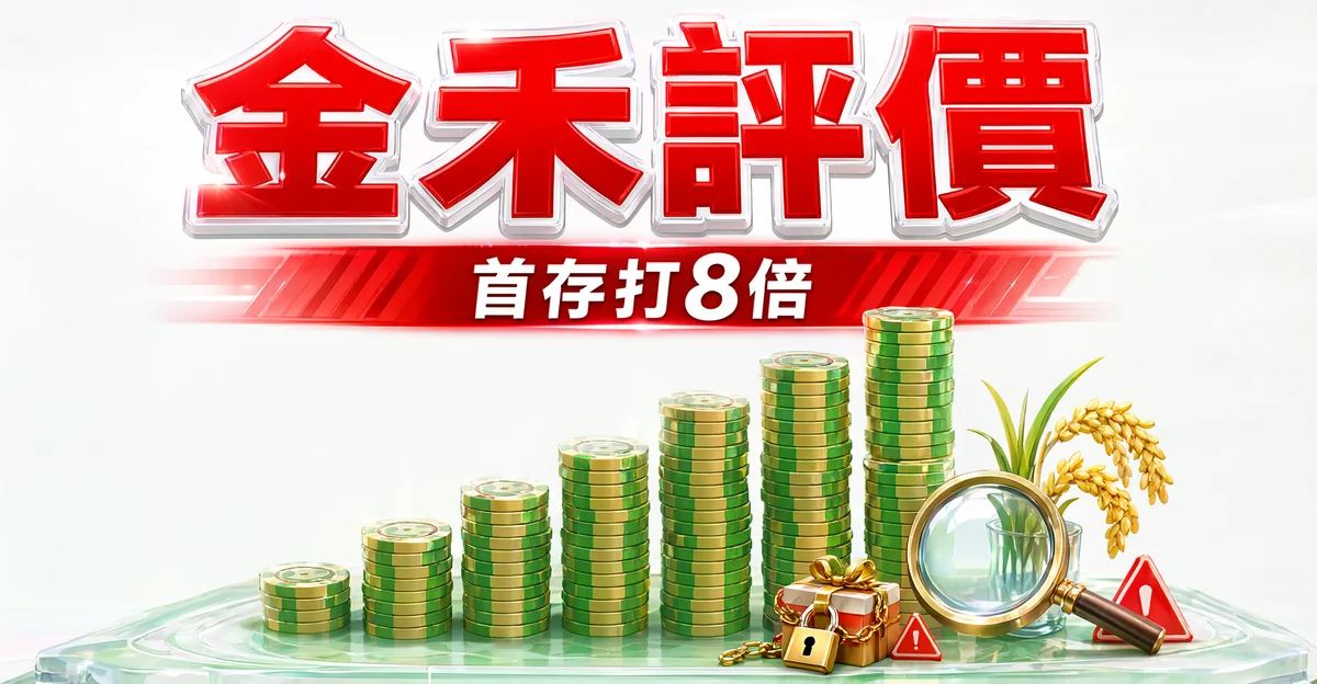 金禾娛樂城評價封面：綠色籌碼由低到高疊成越來越高的階梯，旁邊是被鎖住的禮物盒、放大鏡和稻穗，大字「金禾評價」與標語「首存打8倍」