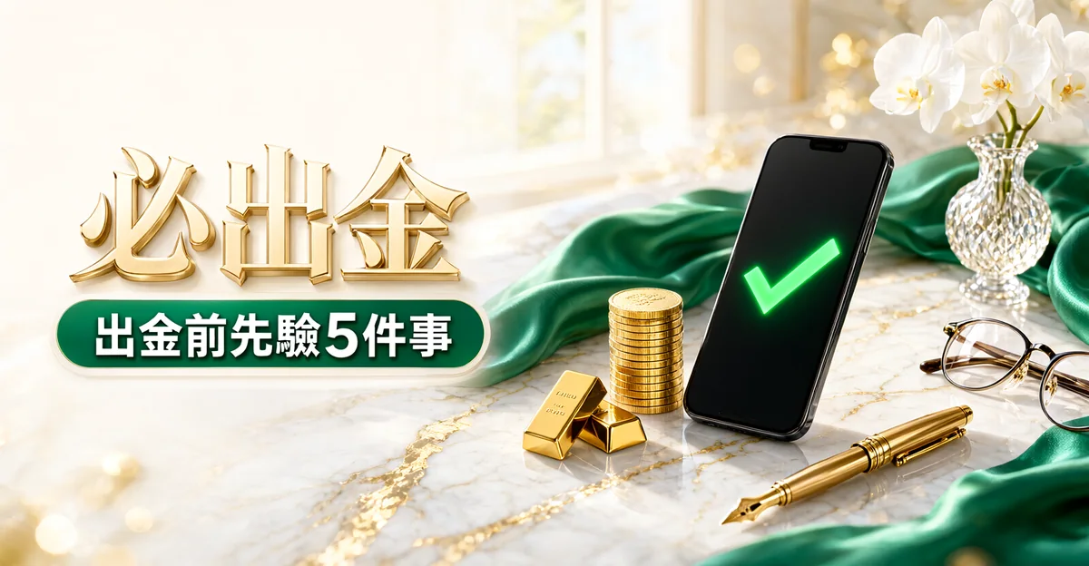 必出金娛樂城封面：白色大理石桌上，手機螢幕亮著綠色打勾，旁邊有一疊金幣、金條、鋼筆與祖母綠絲巾，大字「必出金」與標語「出金前先驗5件事」