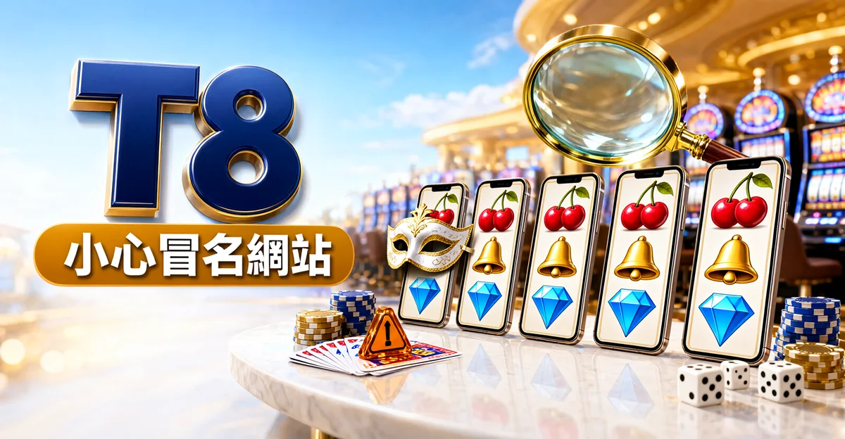 T8娛樂城評價封面：五支畫面一模一樣的拉霸手機排成一列，其中一支戴著面具，放大鏡正在檢查，大字「T8」與標語「小心冒名網站」