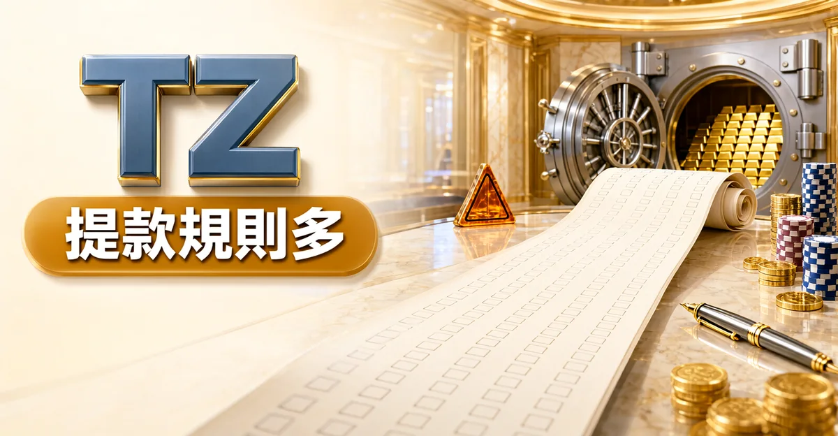 TZ娛樂城評價封面:金庫大門敞開、裡面堆著金條,桌上攤著長長的規則清單捲軸和鋼筆,大字「TZ」與標語「提款規則多」