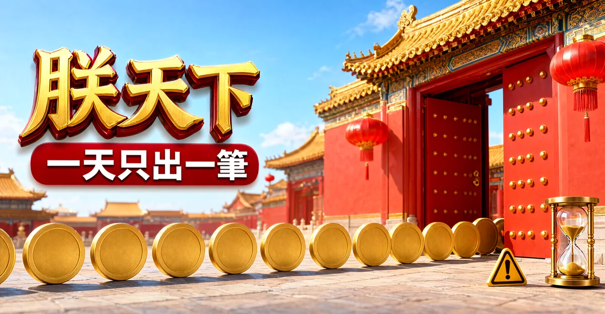 朕天下娛樂城評價封面：紅色宮門只開一道縫，門前排著一長列金幣，旁邊是沙漏，大字「朕天下」與標語「一天只出一筆」